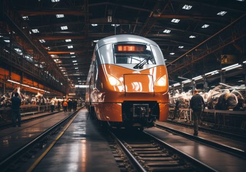 Train assembly plant. Train manufacturer. Train factory. Generative AI